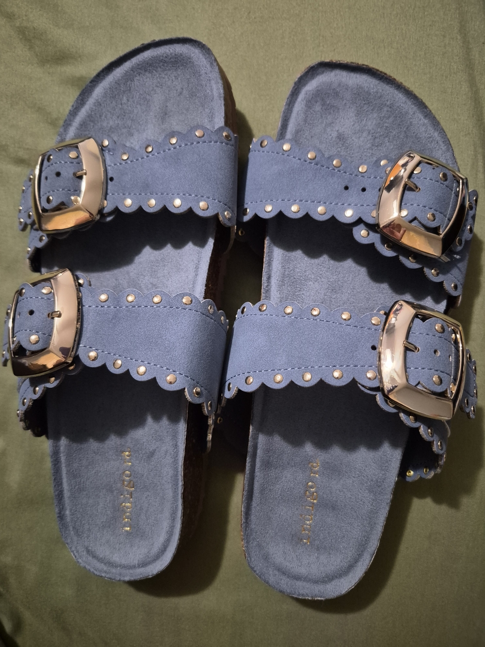 Indigo Blue Scalloped Double-Buckle Slide Sandals